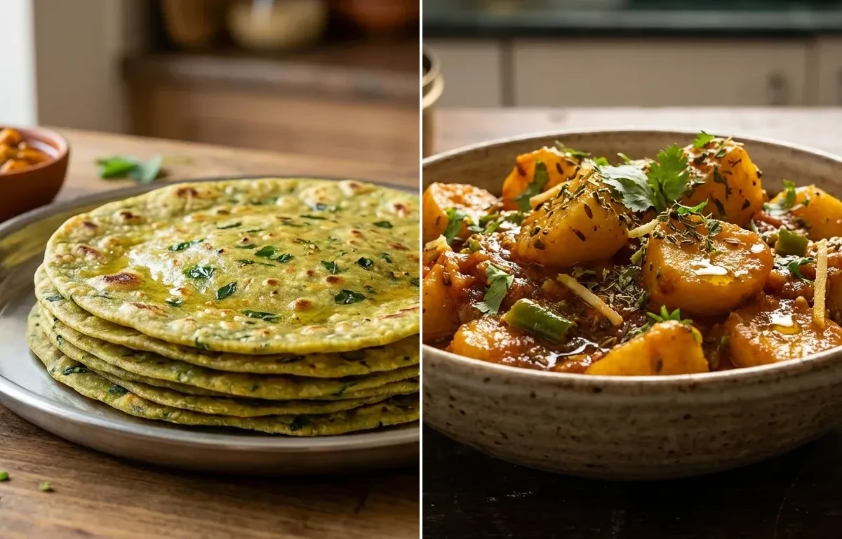 Methi Thepla with Aloo Tamatar Sabzi