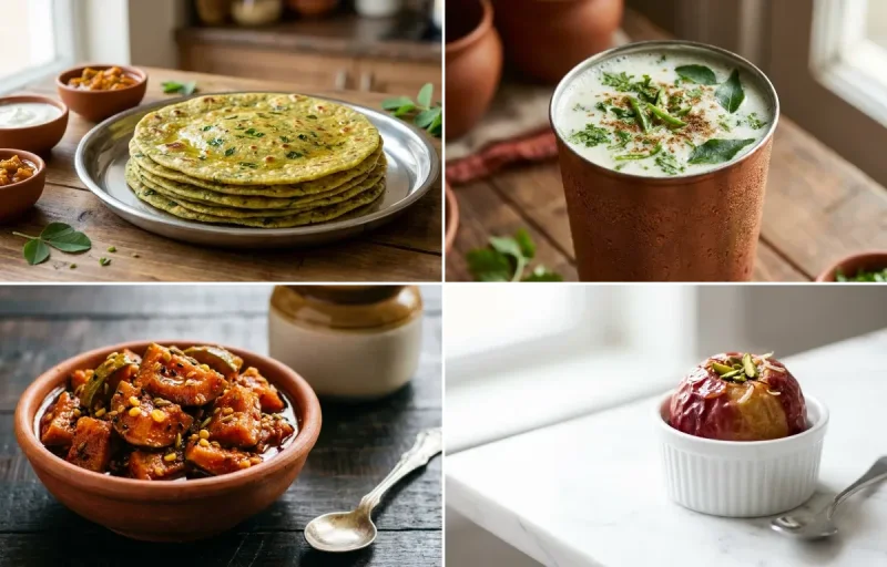 Methi Thepla with Chaas with Mango Pickle with Apple