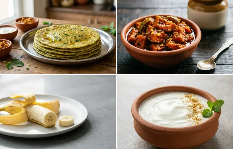 Methi Thepla with Chaas with Mango Pickle with Banana