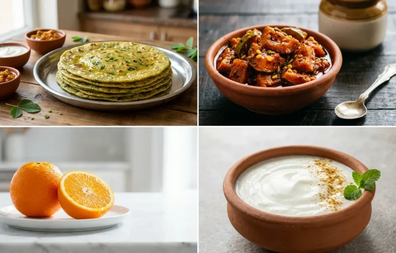 Methi Thepla with Chaas with Mango Pickle with Orange