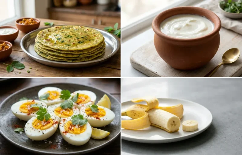 Methi Thepla with Curd with Boiled Egg with Banana