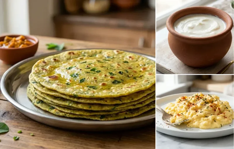 Methi Thepla with Curd with Scrambled Eggs with Banana