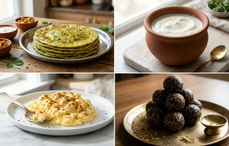 Methi Thepla with Curd with Scrambled Eggs with Ellu Urundai with Milk