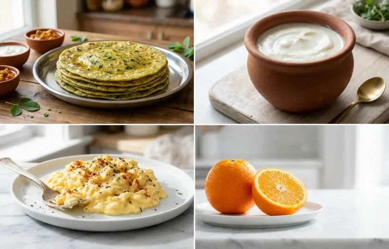 Methi Thepla with Curd with Scrambled Eggs with Orange