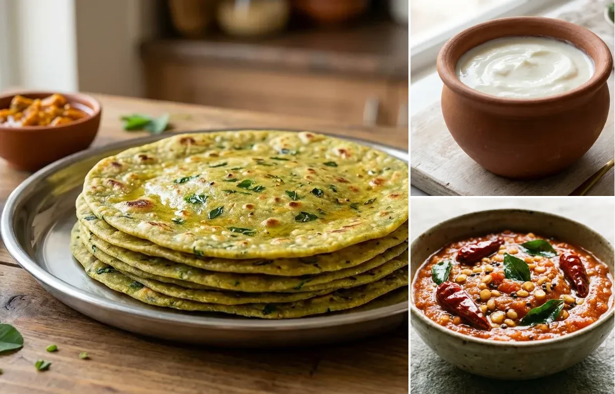 Methi Thepla with Curd with Tomato Chutney