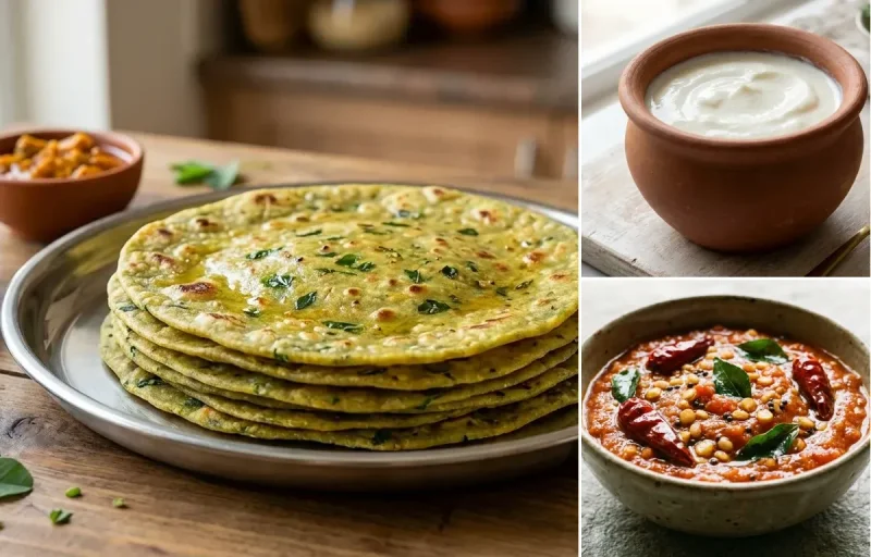 Methi Thepla with Curd with Tomato Chutney