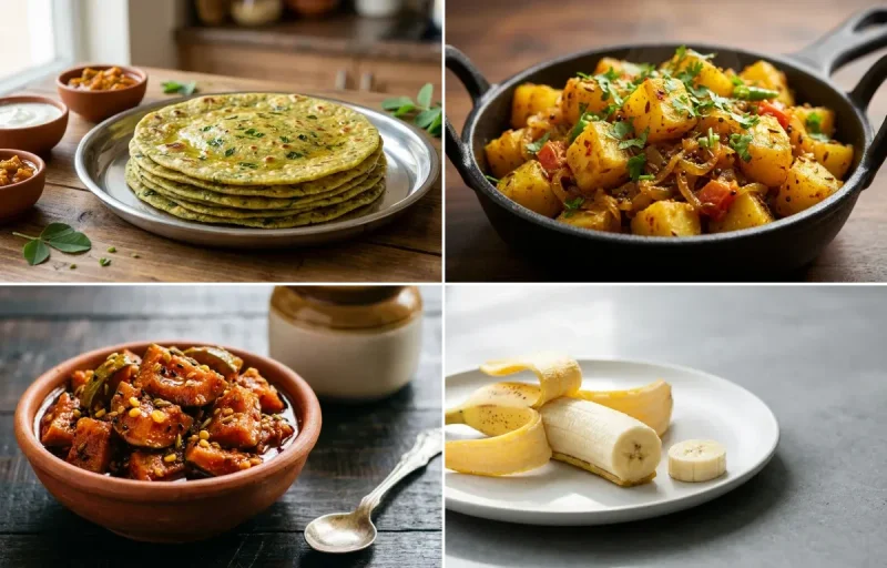 Methi Thepla with Dry Aloo Sabzi with Mango Pickle with Banana