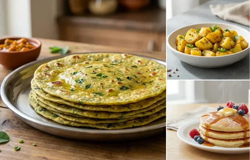Methi Thepla with Dry Aloo with Apple with Cottage Cheese Pancakes