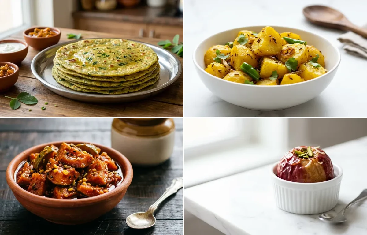 Methi Thepla with Sukha Aloo with Mango Pickle with Apple