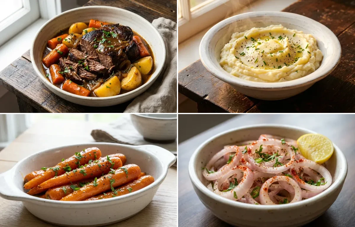Midwest Pot Roast with Mashed Potatoes, Glazed Carrots, Laccha Pyaaz and Brown Gravy