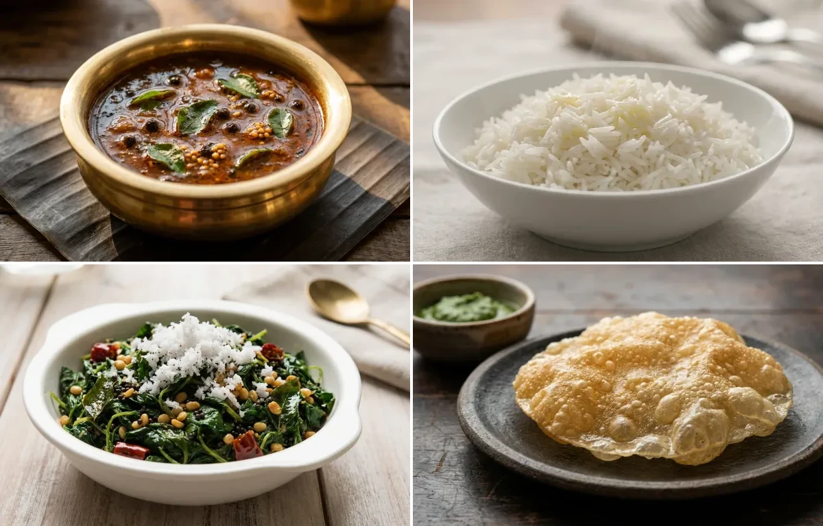 Milagu Kuzhambu with Steamed Basmati Rice, Keerai Poriyal and Appalam