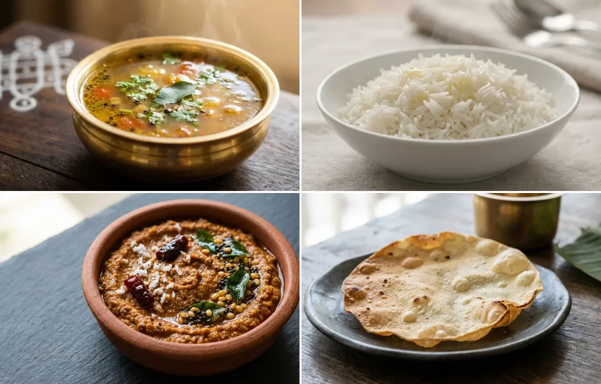 Milagu Rasam with Steamed Basmati Rice, Paruppu Thogayal and Sutta Appalam