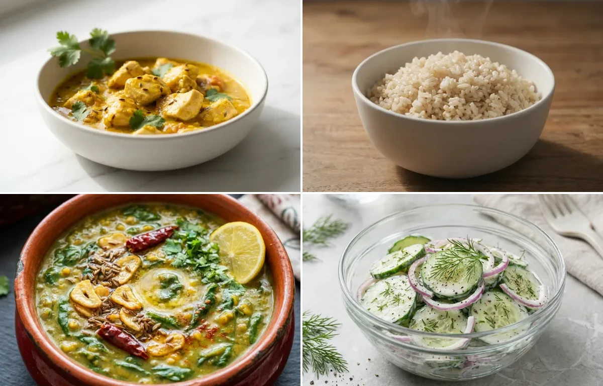 Mild Chicken Curry with Steamed White Rice with Dal Palak with Cucumber Salad