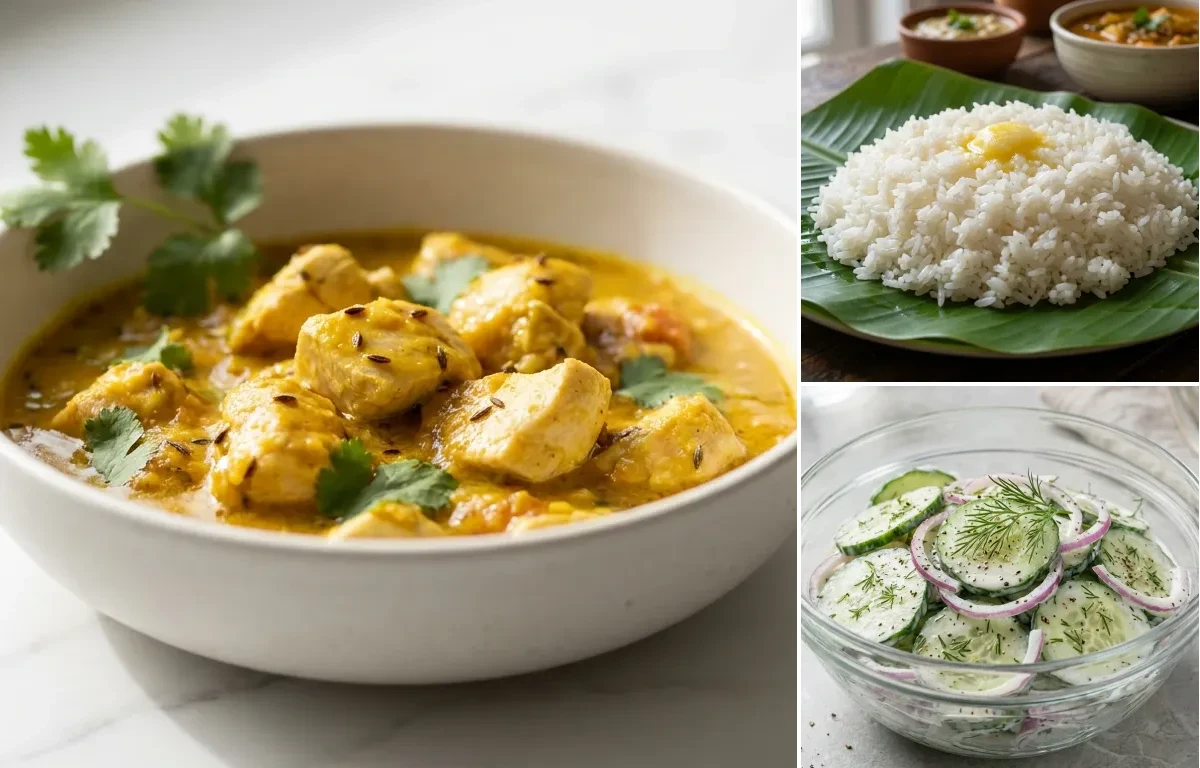 Mild Chicken Curry with Steamed Rice with Cucumber Salad