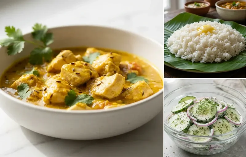 Mild Chicken Curry with Steamed Rice with Cucumber Salad