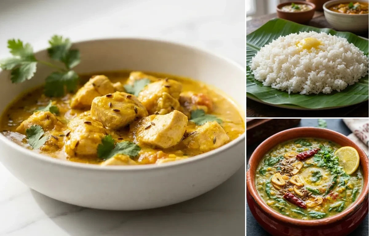 Mild Chicken Curry with Steamed Rice with Dal Palak