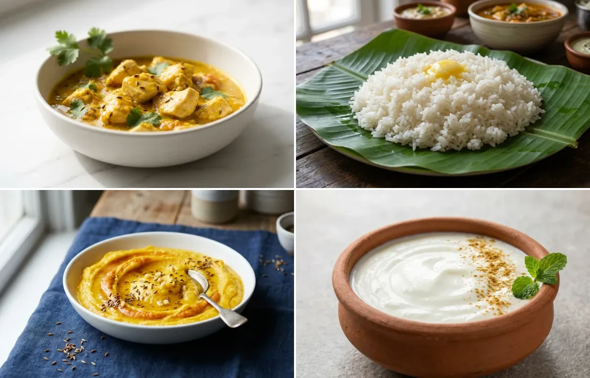 Mild Chicken Curry with Steamed Rice with Mashed Pumpkin with Dahi