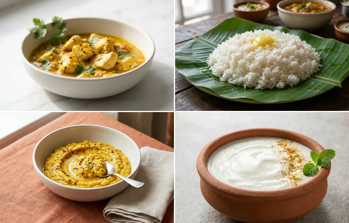 Mild Chicken Curry with Steamed Rice with Mashed Beans with Dahi
