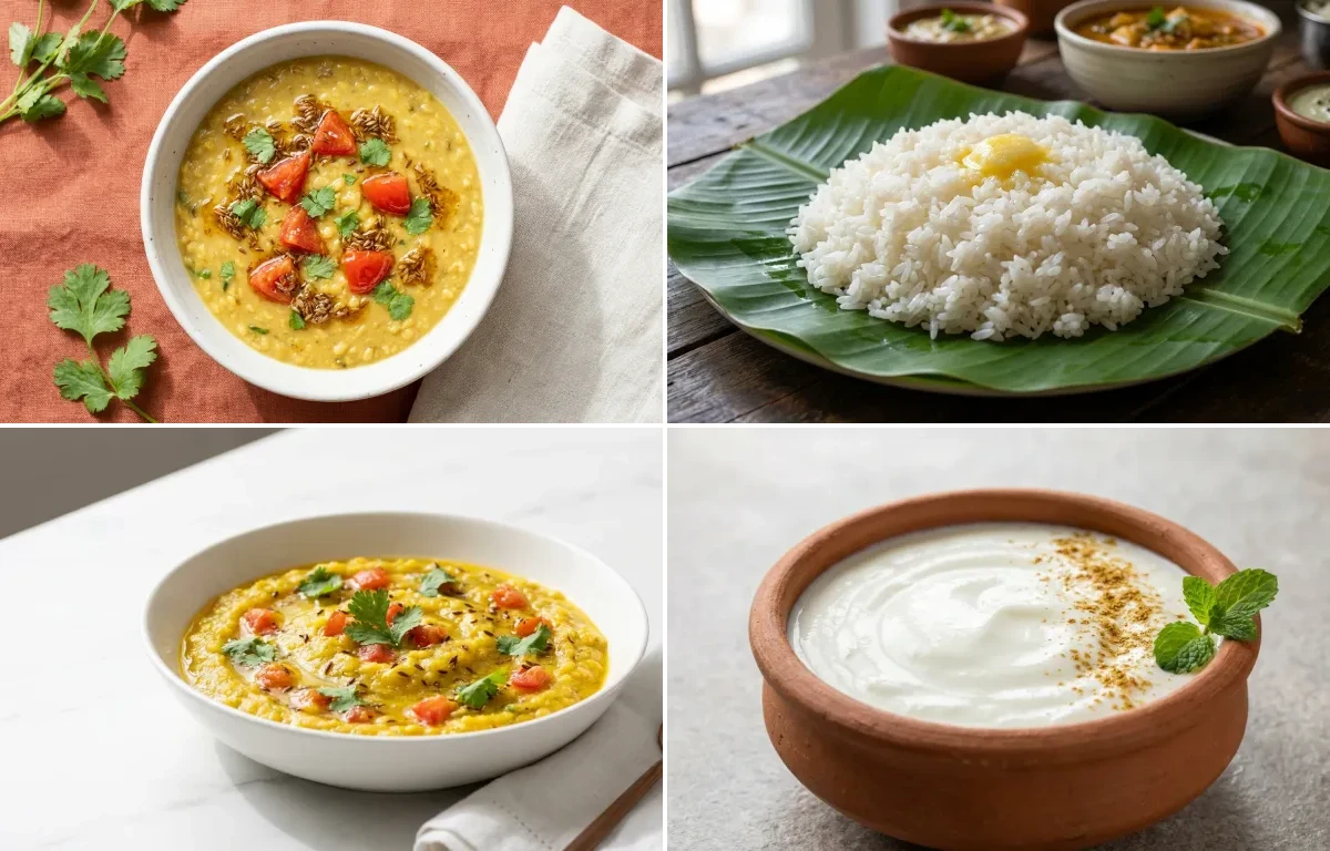 Mild Moong Dal with Steamed Rice with Mashed Lauki with Dahi