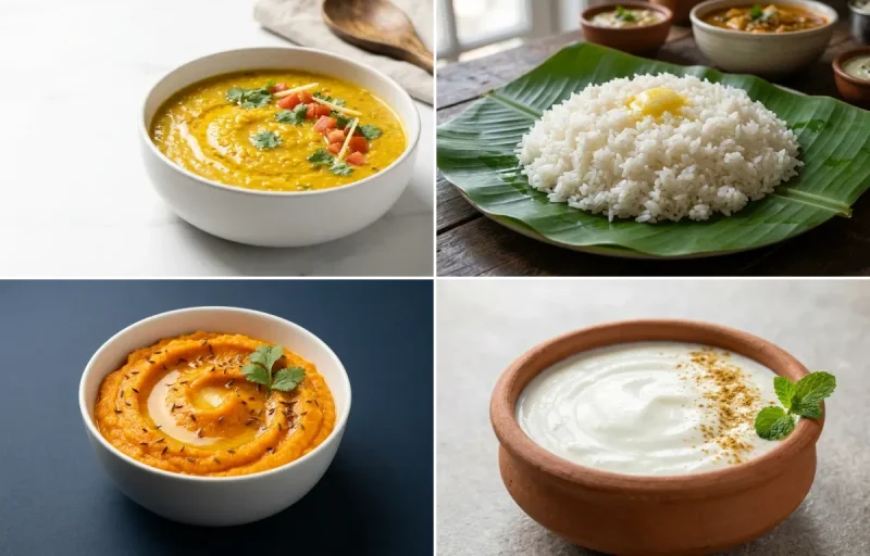 Mild Toor Dal with Steamed Rice with Mashed Carrot with Dahi