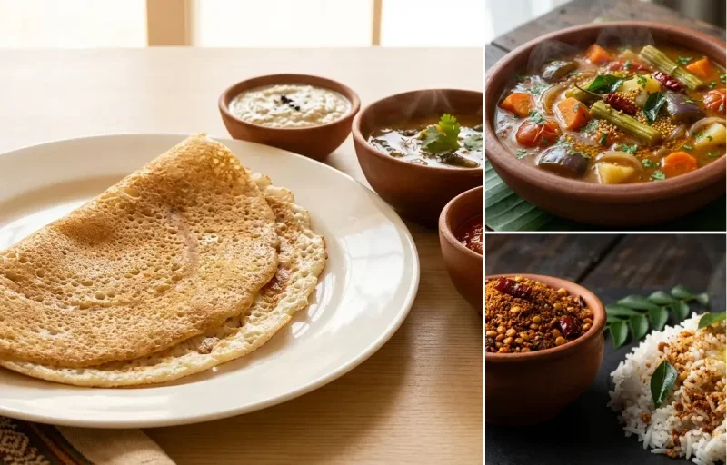 Minapa Dosa with Vegetable Sambar and Andhra Karam Podi