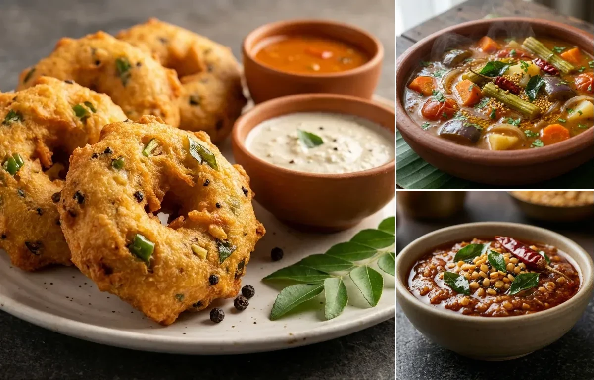 Minapa Vada with Vegetable Sambar and Allam Pachadi