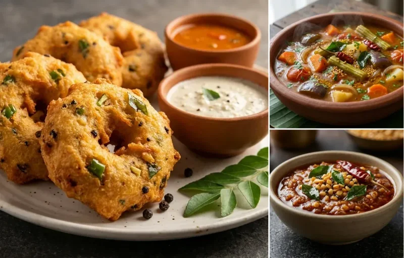 Minapa Vada with Vegetable Sambar and Allam Pachadi