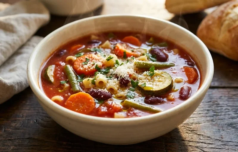 Minestrone Soup with Coleslaw and Scrambled Eggs And Toast
