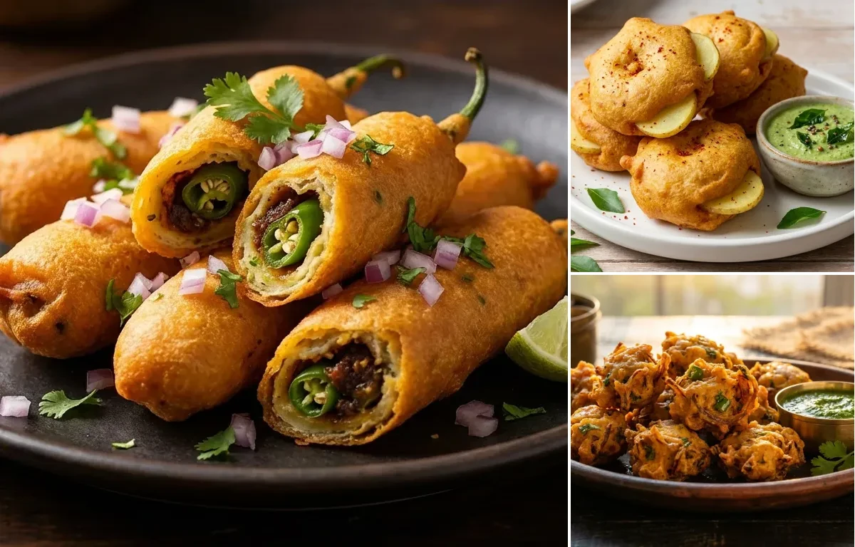 Mirapakaya Bajji with Aloo Bajji and Onion Pakoda