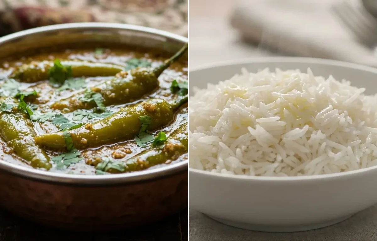 Mirchi ka Salan with Steamed Basmati Rice