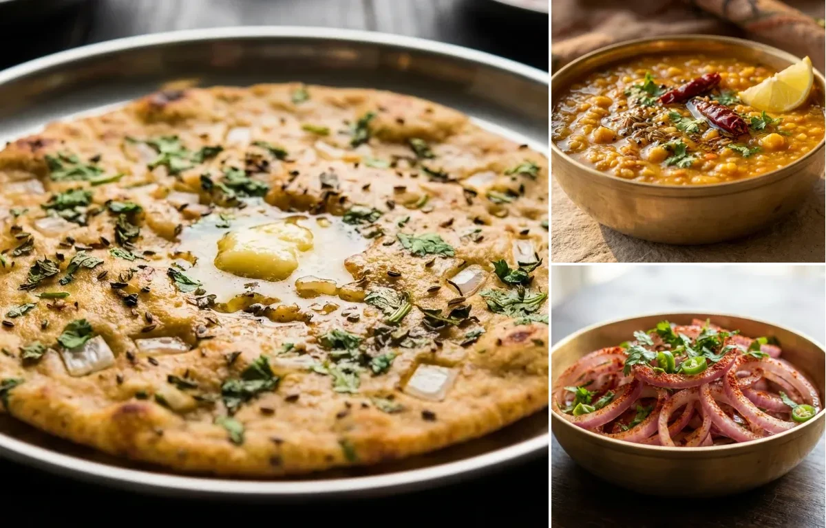 Missi Roti with Panchmel Dal and Onion Salad