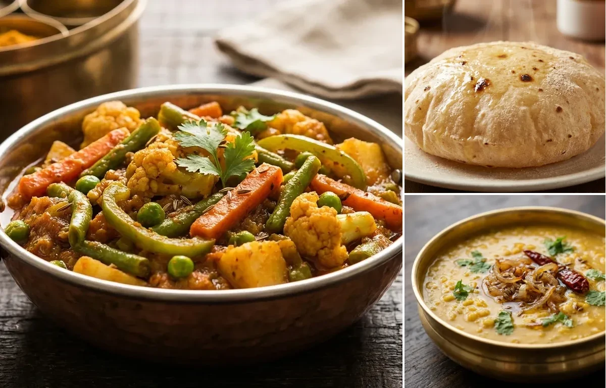 Mix Vegetable Sabzi with Phulka and Moong Dal Tadka