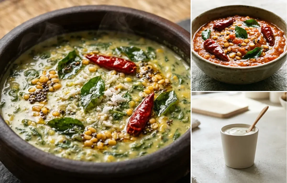 Mixed Dal Dosa with Keerai Kootu, Tomato Chutney and Plain Yogurt Cup