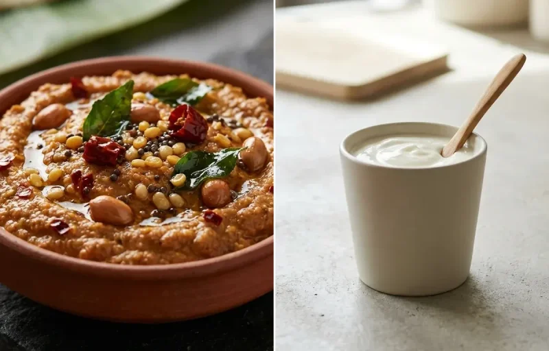 Mixed Dal Dosa with Peanut Chutney and Plain Yogurt Cup