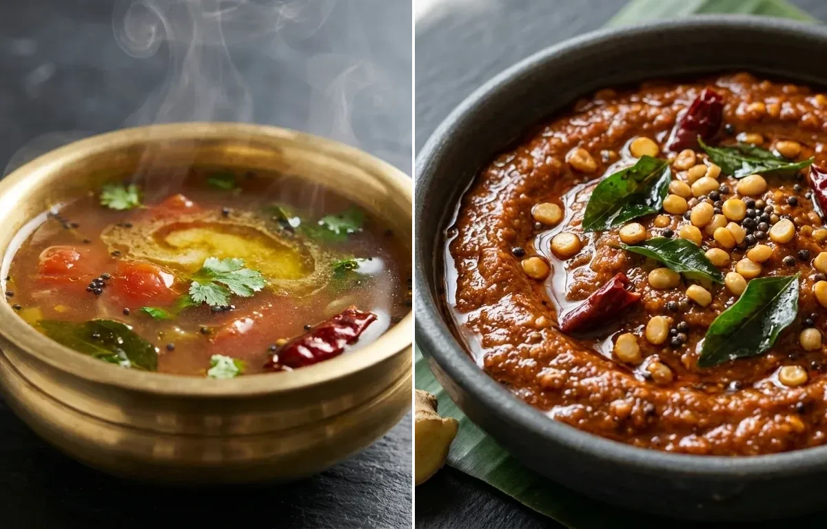 Mixed Dal Dosa with Rasam, Ginger Chutney and Cilantro Coconut Chutney