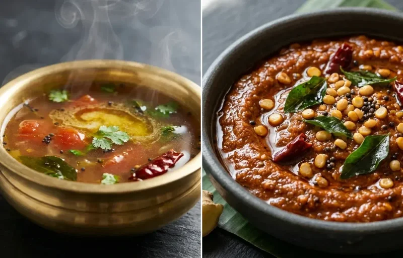 Mixed Dal Dosa with Rasam, Ginger Chutney and Cilantro Coconut Chutney