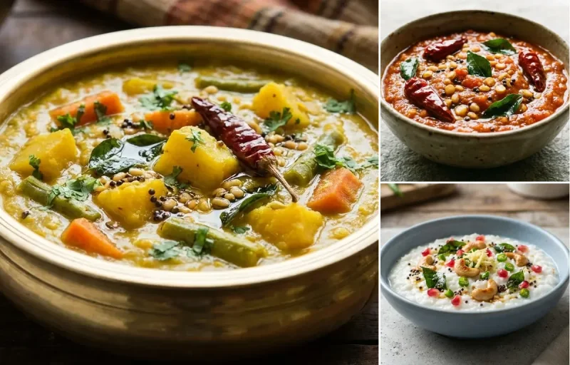 Mixed Dal Dosa with Vegetable Kootu, Tomato Chutney, Two Boiled Eggs and Curd Rice Snack Bowl