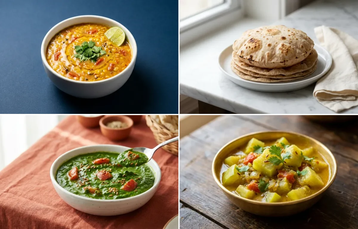 Mixed Dal with Whole-Wheat Phulka with Palak Sabzi with Lauki Sabzi