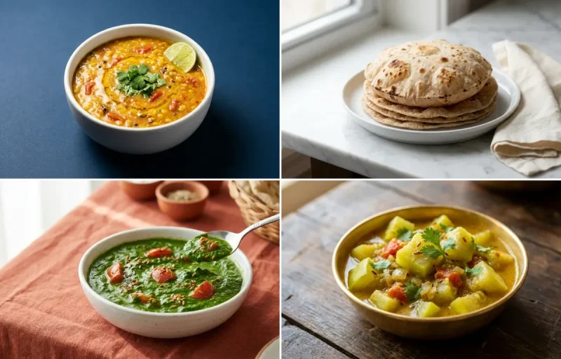 Mixed Dal with Whole-Wheat Phulka with Palak Sabzi with Lauki Sabzi