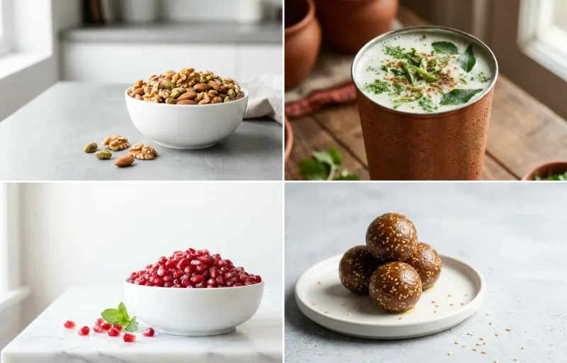Mixed Nuts with Chaas with Pomegranate + supplement + iron