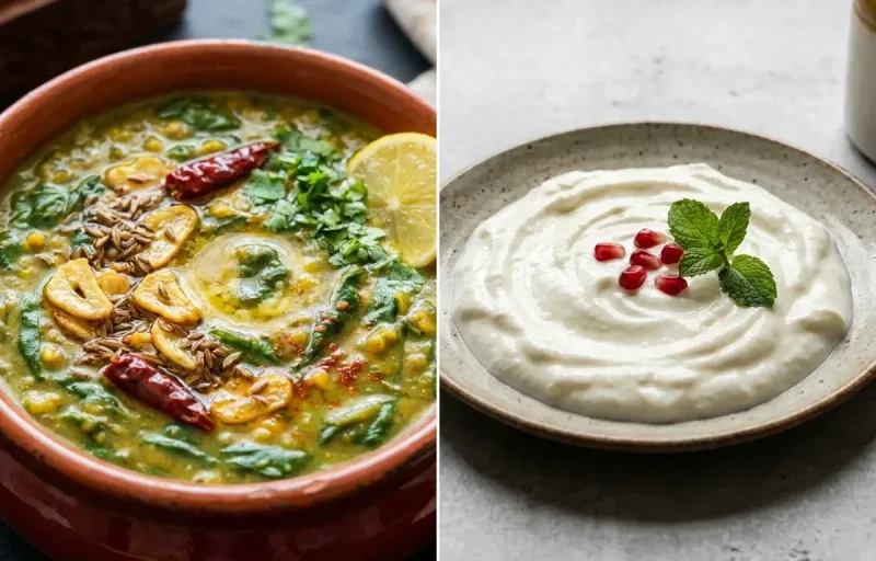 Mixed Veg Stuffed Paratha with Dal Palak, Plain Curd and Mint Coriander Chutney No-Salt