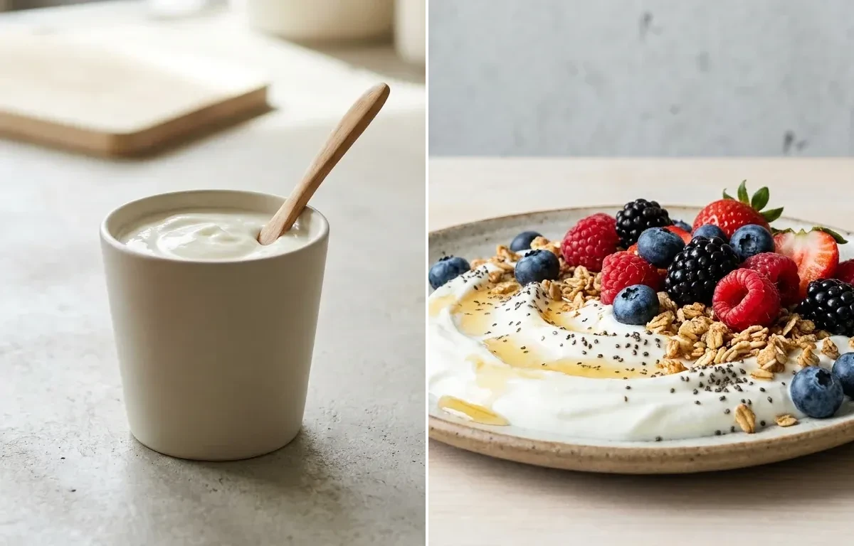 Mixed Veg Stuffed Paratha with Plain Yogurt Cup and Yogurt Berry Bowl