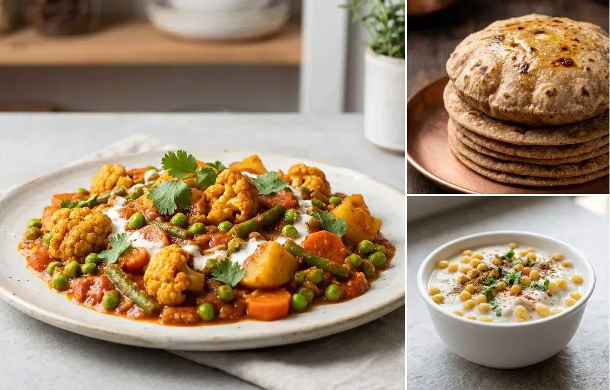 Mixed Vegetable Curry, Whole Wheat Roti and Boondi Raita