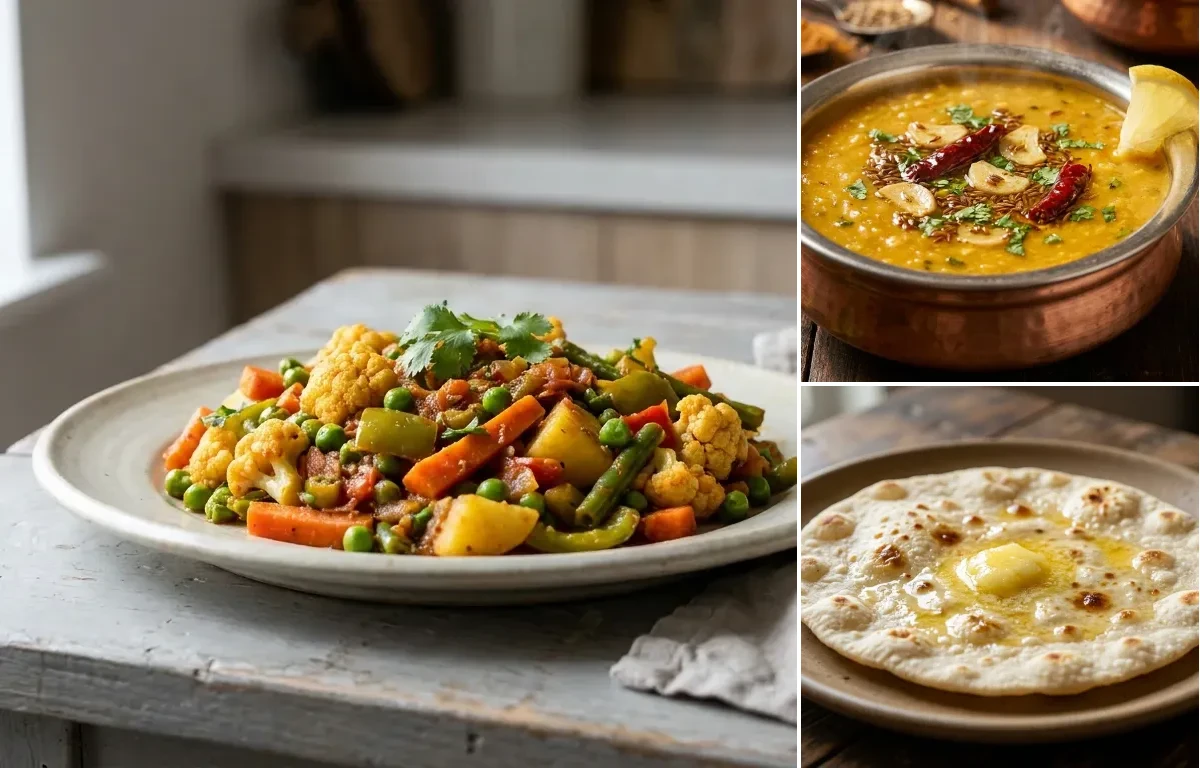 Mixed Vegetable Sabzi, Dal Tadka and Jowar Roti