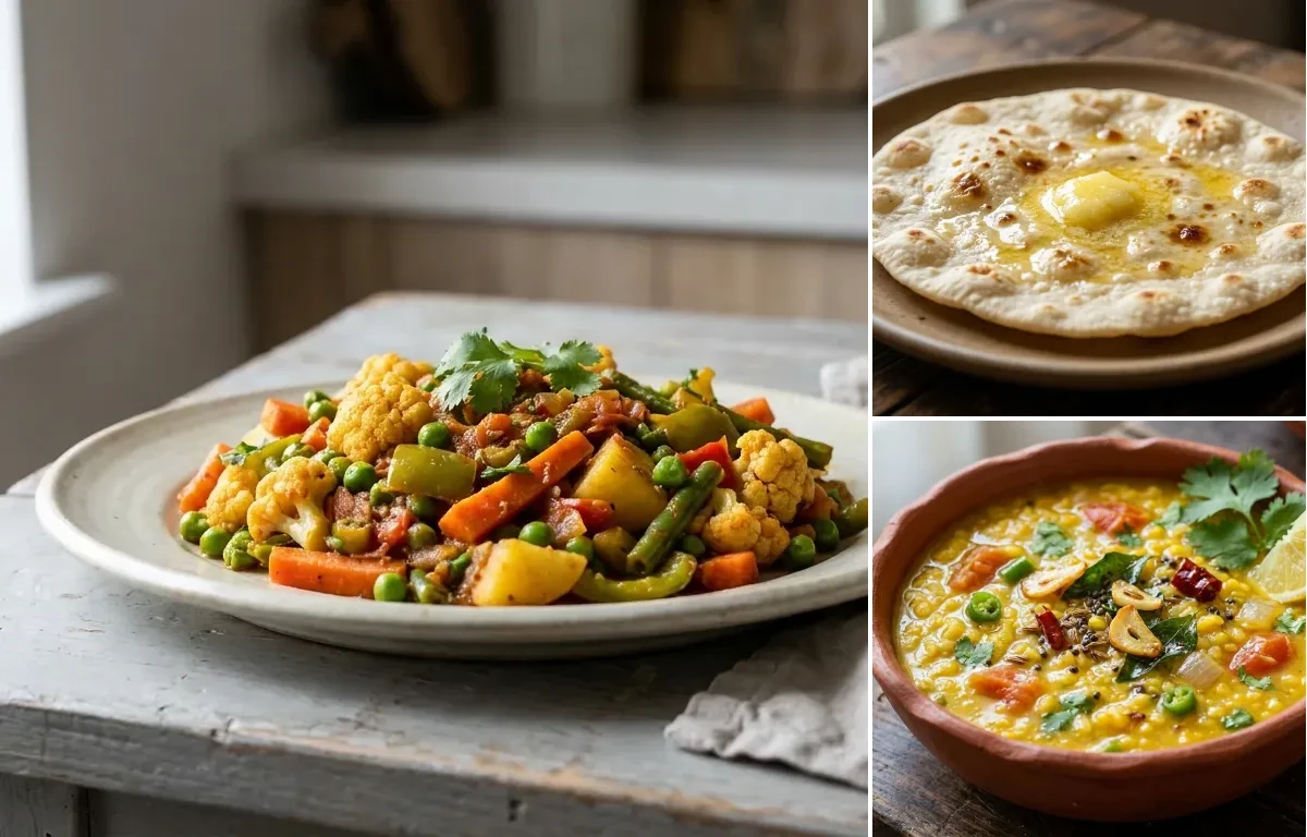 Mixed Vegetable Sabzi with Jowar Roti with Pesara Pappu