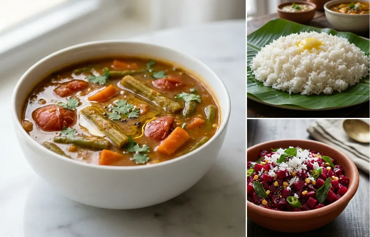 Mixed Vegetable Sambhar with Steamed White Rice with Beetroot Poriyal