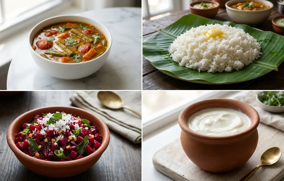 Mixed Vegetable Sambhar with Steamed White Rice with Beetroot Poriyal with Curd