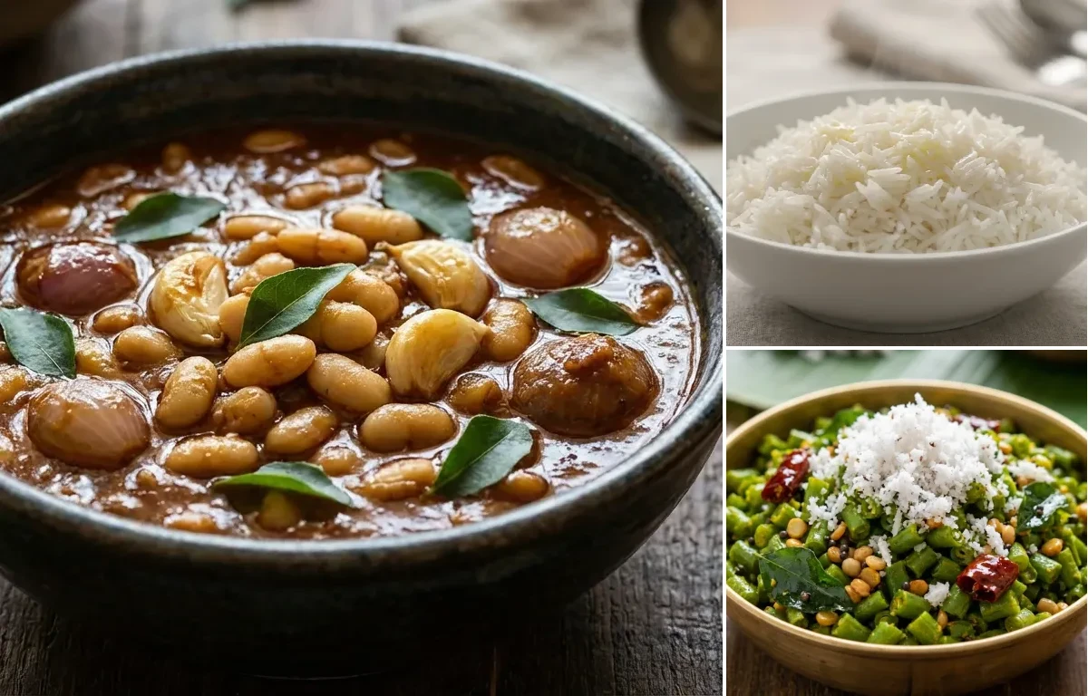 Mochai Kara Kuzhambu with Steamed Basmati Rice and Beans Poriyal