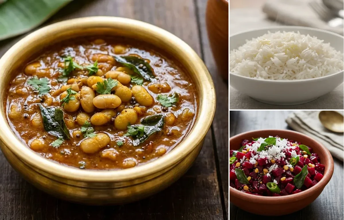 Mochai Kottai Kuzhambu with Steamed Basmati Rice and Beetroot Poriyal