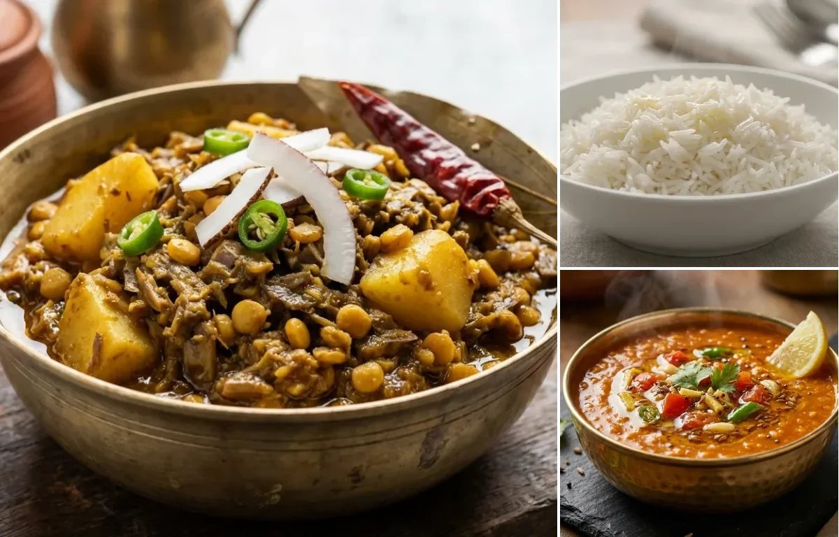 Mochar Ghonto with Steamed Basmati Rice and Masoor Dal Tadka